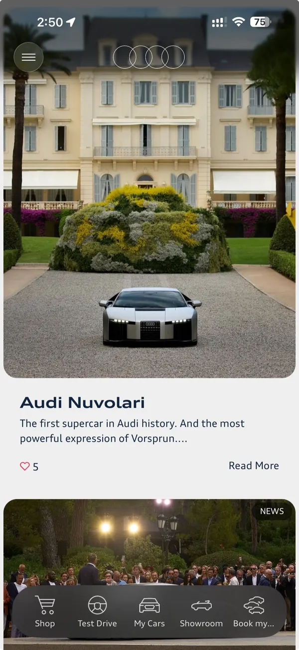 Audi owner app feed — Audi Nuvolari story with Shop, Test Drive, My Cars, and Showroom tabs
